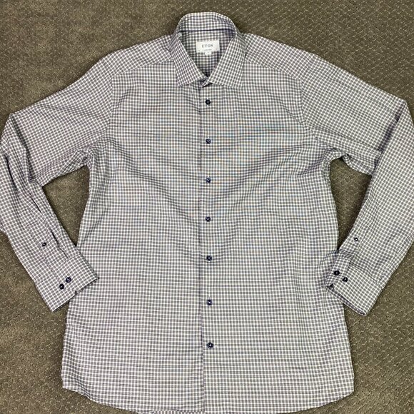 Eton Contemporary Shirt Men's 43 17 Blue White Gingham Check Signature Twill - Picture 2 of 14